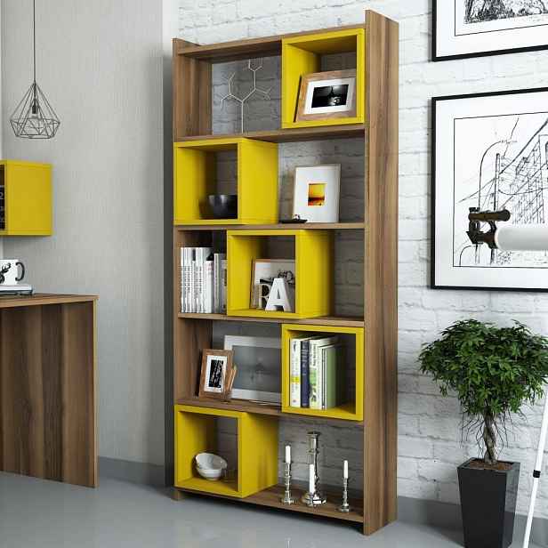 Knihovna Box - Walnut, Yellow