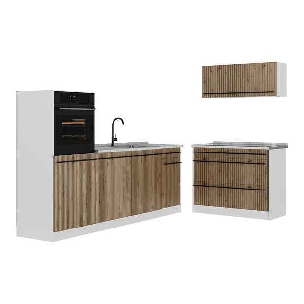 Vicco KUCHYŇSKÝ KOUT R-Line, Řemeslný dub/Bílá, 220 cm pracovná doska Mramor
