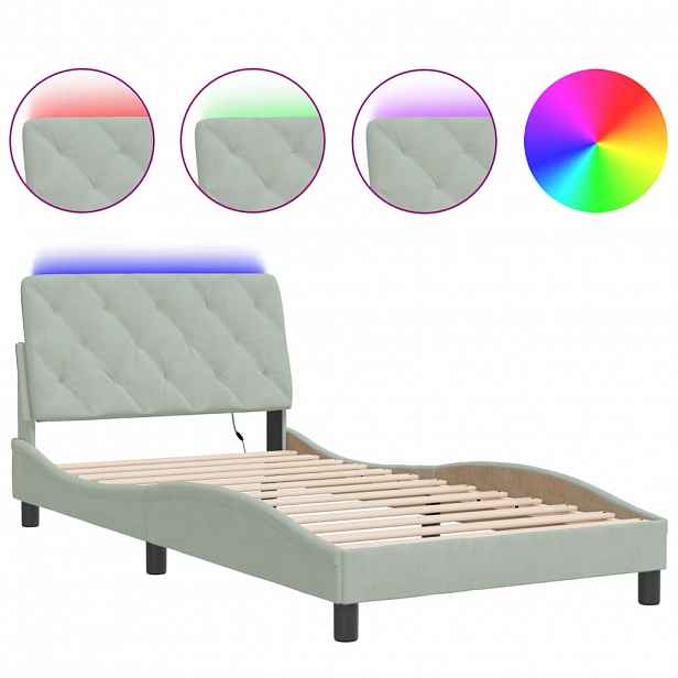 vidaXL Rám postele s LED bez matrace světle šedý 100 x 200 cm samet