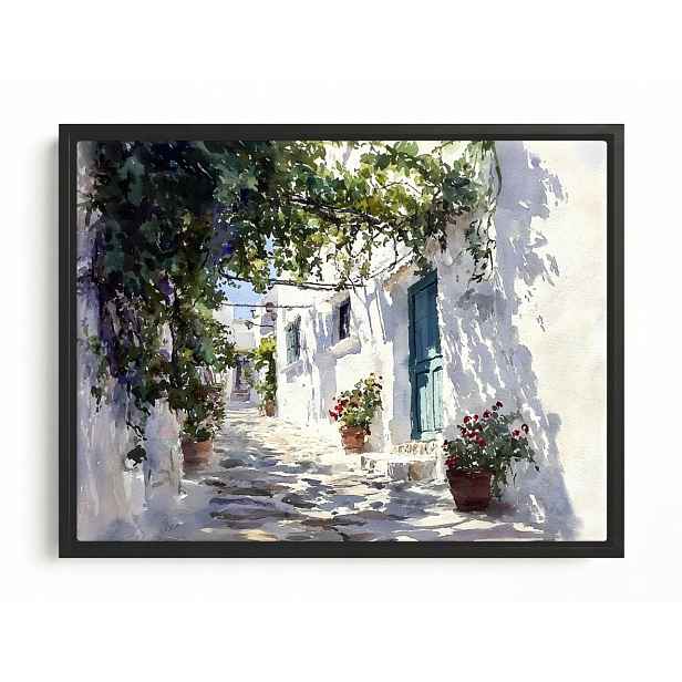 Obraz Rám American Box Řecko Bílé Domky Květiny Pergola Santorini 80x60