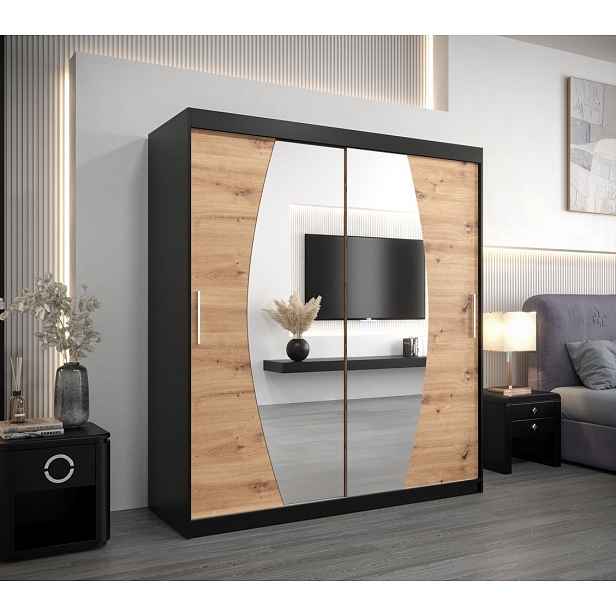 Skříň s posuvnými dveřmi DITA - šířka 180 cm, černá / dub artisan