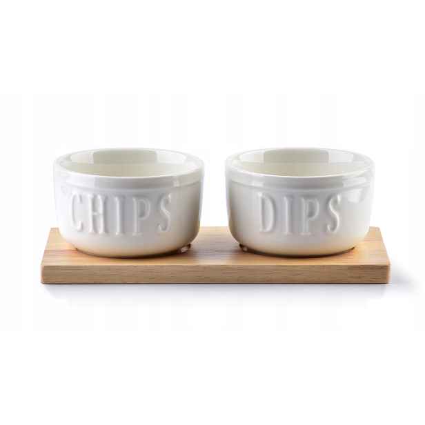 2 x misky 2ks bílé porcelánové s dřevěnou deskou