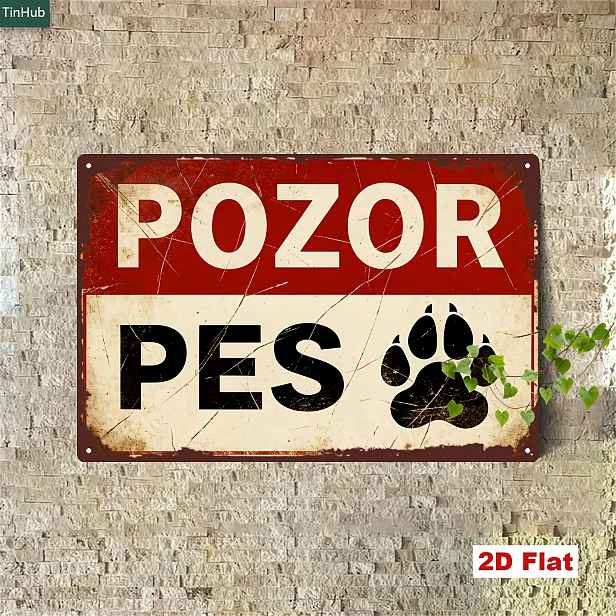 TEMU 2D plochá, 2D plochá 1ks Vintage česká kovová cedule, 7.87X11.81 palců železná cedule s varováním "POZOR PES" a designem zvířecí tlapky,