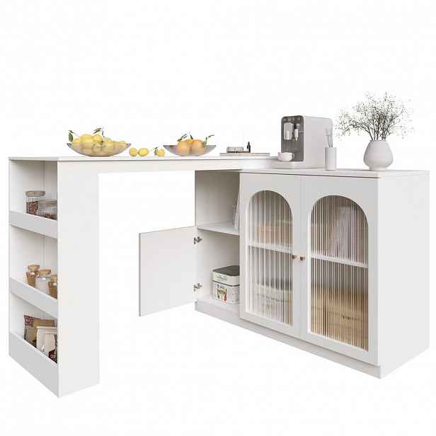 Redom BAROVÁ skříňka 120/40/97 cm s 360° otočným modulem, skleněnými dvířky a úložným prostorem z MDF, Bílá