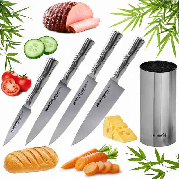 Sada 4 Ocelových Japonských Nožů Samura Bamboo V Prémiovém Stříbrném Bloku