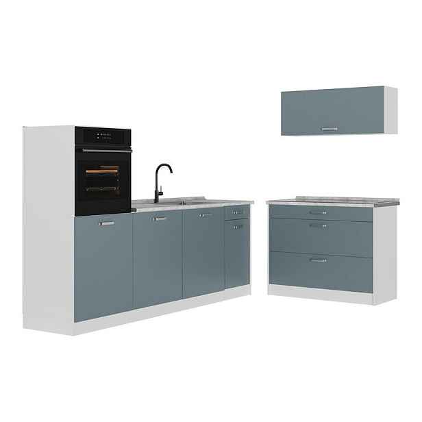 Vicco KUCHYŇSKÝ KOUT R-Line, Modrošedá/Bílá, 220 cm pracovná doska Mramor