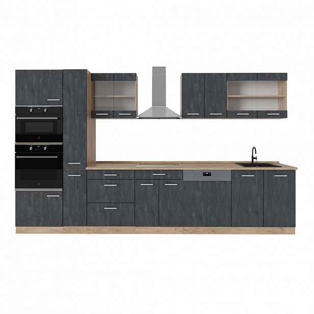 Vicco KUCHYŇSKÝ KOUT R-Line Černý beton/zlatý dub 350 cm bez pracovní desky