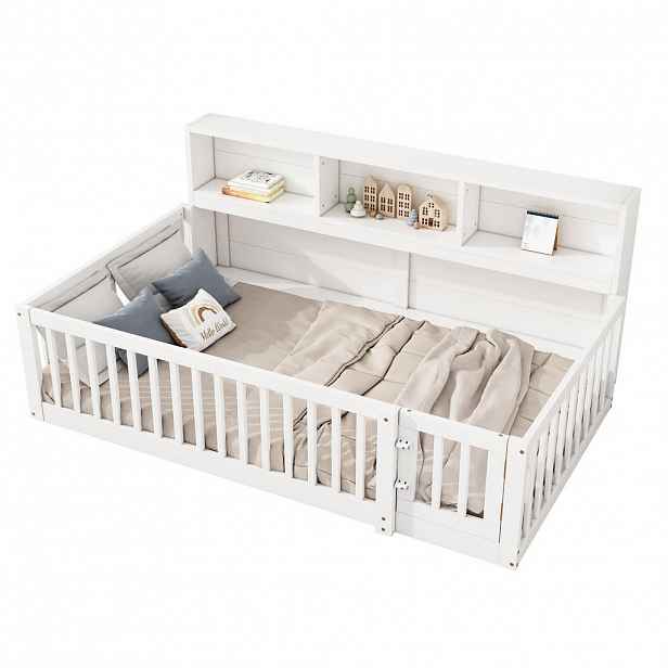 CHICFURN DĚTSKÁ POSTEL 90/200 cm v bílé barvě s policemi a výklopnou zábranou
