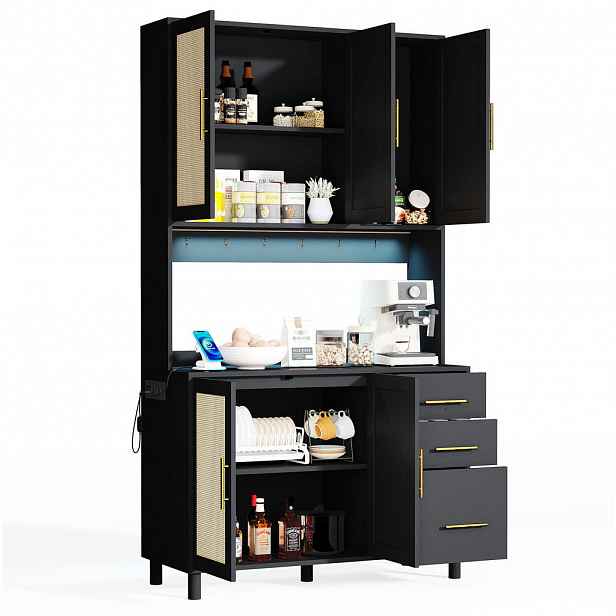Redom BUFFET 183 cm s LED osvětlením ovládaným aplikací, 2× USB, 2× zásuvka a úložným prostorem, Černá