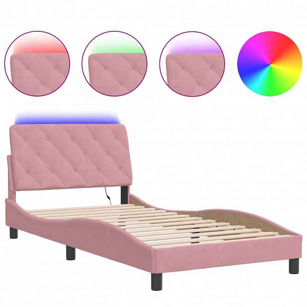 vidaXL Rám postele s LED bez matrace růžový 100 x 200 cm samet