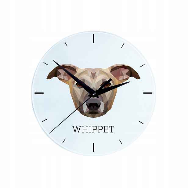 Whippet skleněný závěsný nástěnný hodinový stroj s geometrickým psem