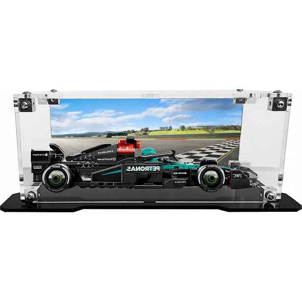 Vitrína s černou základnou a pozadím pro sadu Lego 77244 Formule Mercedes F1