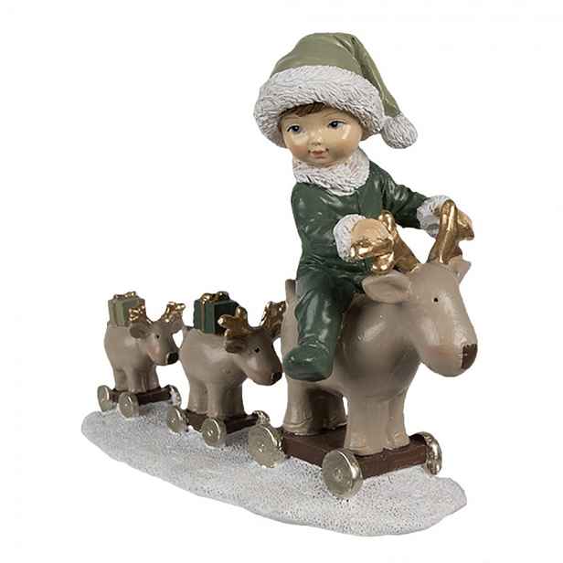 Zelená vánoční dekorace chlapec na sobech Children - 17*8*14 cm Clayre & Eef