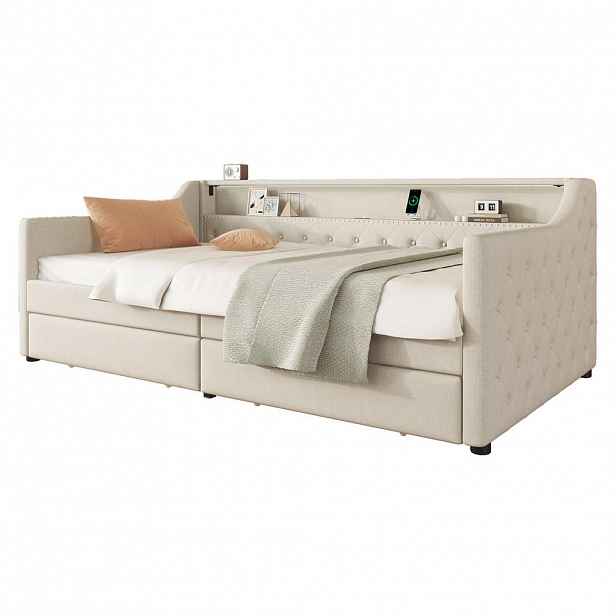 CHICFURN DENNÍ POSTEL 90/200 cm v béžové barvě s LED osvětlením, USB a 2 zásuvkami