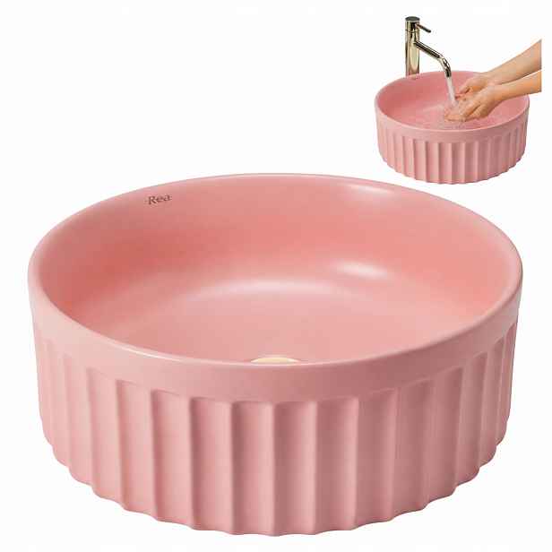 Keramické umyvadlo na desku kulaté růžové Sweet Pink Mat 38 Cm Duo Rea
