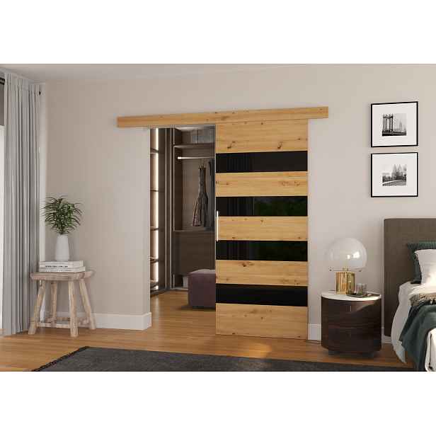 Posuvné dveře 86 cm EABRIX - dub artisan / černé sklo