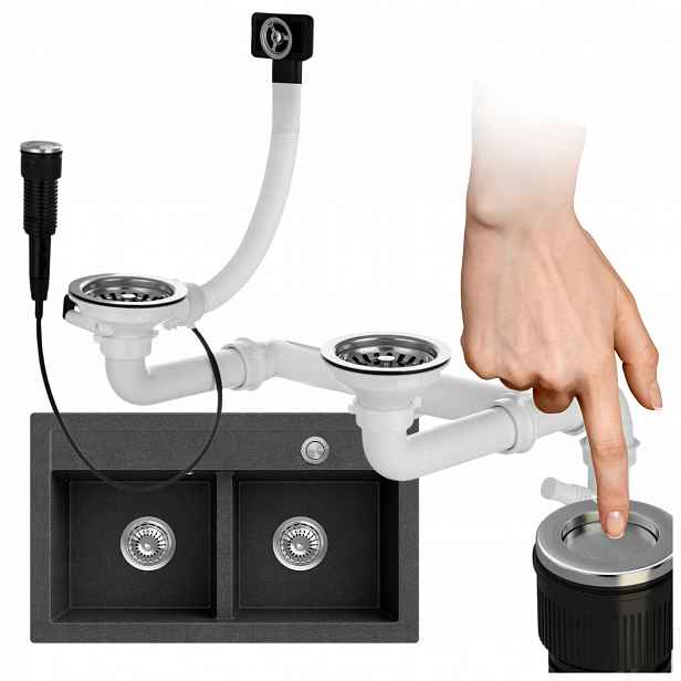 Sifon dřezový do dřezu Automatický odtok chrom Dvoukomorový Push
