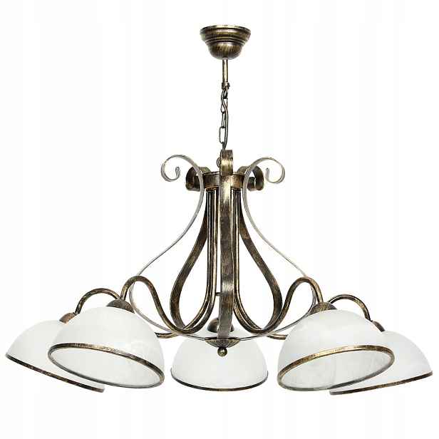 Retro závěsná lampa zlatá patina s bílými skleněnými stínidly, 5 bodů Luminex