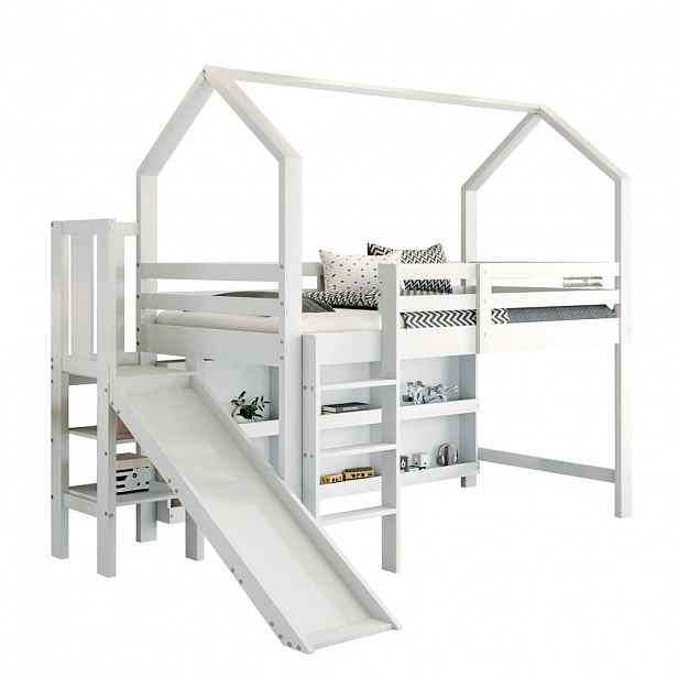 CHICFURN VYVÝŠENÁ POSTEL 90/200 cm v bílé barvě se skluzavkou a úložnými skříňkami
