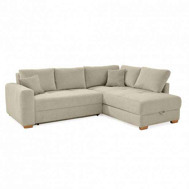 luma-home ROHOVÁ POHOVKA – PRO DLOUHODOBÉ SPÁNÍ: Boxspring, pružinová matrace, topper, úložný prostor, 257 × 206 × 85 cm (Š×H×V), manšestr béžovo-šedý
