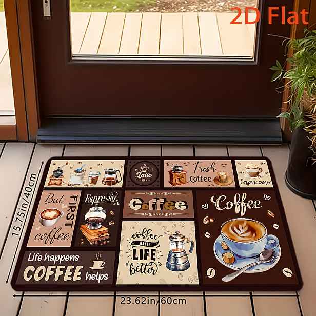 TEMU 1/2/3 ks Moderní kuchyňské podlahové rohože v módním stylu, motiv kávy s hrnkem kávy, kávovými zrny, mlýnkem, designem Latte Art, vhodné pro