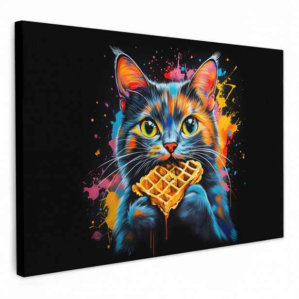 MuchoWow OBRAZ NA PLÁTNĚ Kočka - Graffiti - Barevné - Vafle - Jídlo 120x80 cm