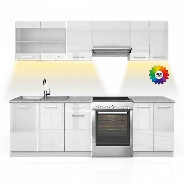 Vicco KUCHYŇSKÁ LINKA R-Line, Bílá vysoký lesk/Bílá, 240 cm s pracovní deskou s páskem LED