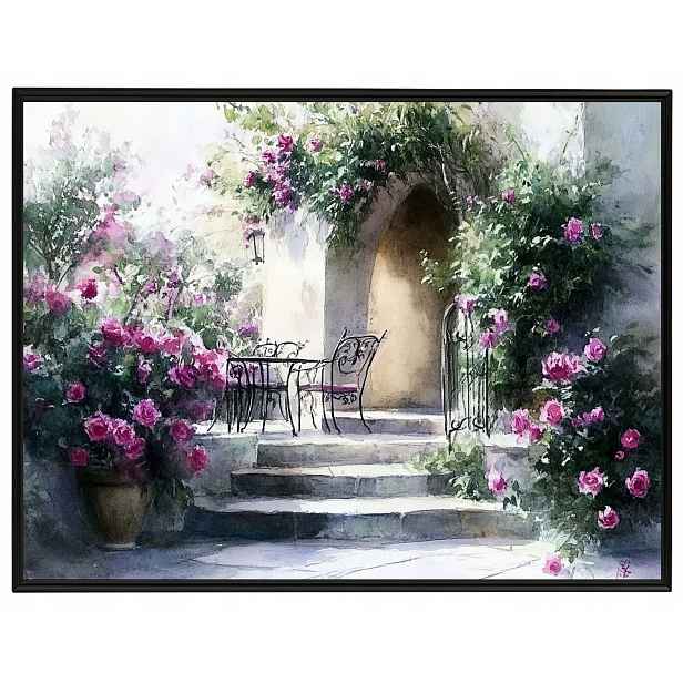 Plakát Rámeček Hliníkový Dům Terasa Zahrada Schody Květy Růže Léto 80x60