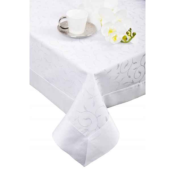Dekorativní ubrus Clematis 220x140 odolný vůči skvrnám, bílý