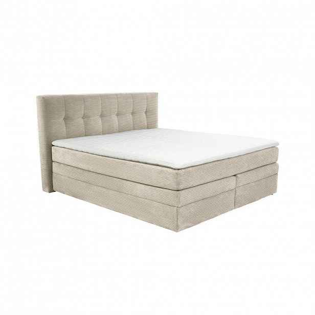 luma-home POSTEL s boxspringem 180 × 200 cm, 7zónová matrace s kapesními pružinami typu „tonneau“ H3, topper, manšestr béžovo-šedý / 20039