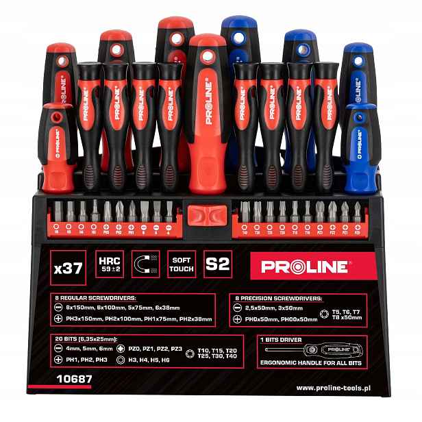 Sada šroubováků soft touch 37ks S2 Hrc 59 magnet stojan Proline 10687