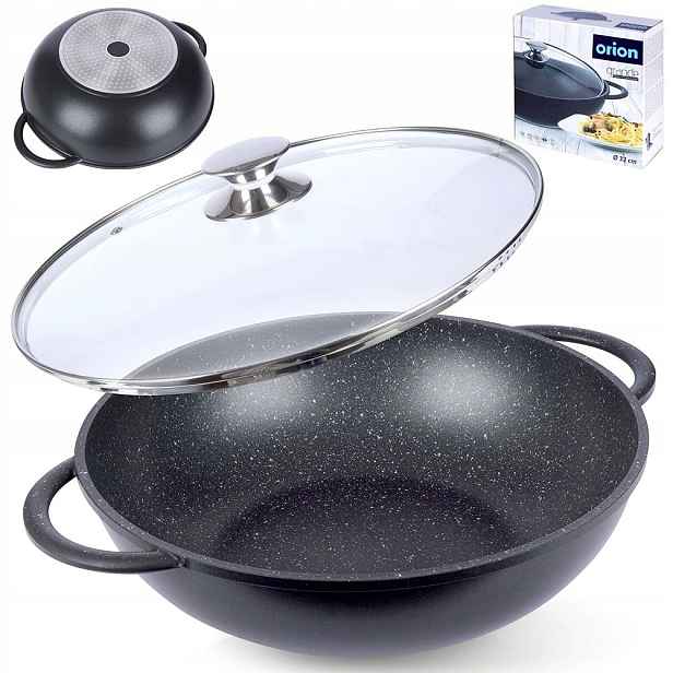 Granitová hluboká pánev Wok se skleněným víkem Plyn/indukce Orion 32 cm