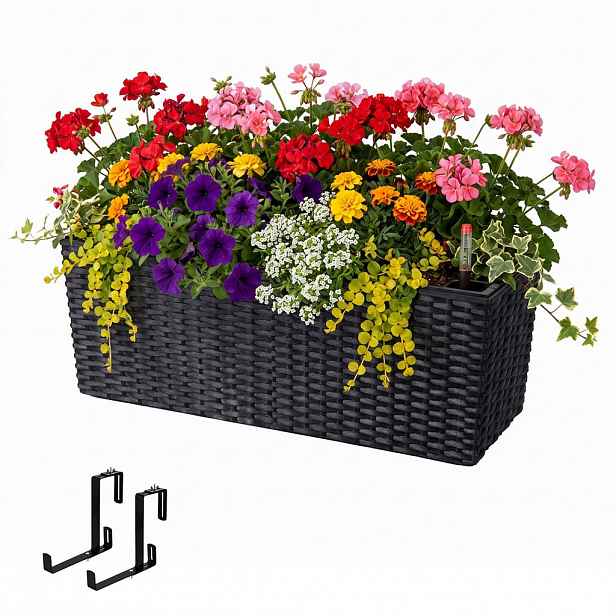 Relaxdays TRUHLÍK Černý s držákem samozavlažovací ukazatel hladiny vody