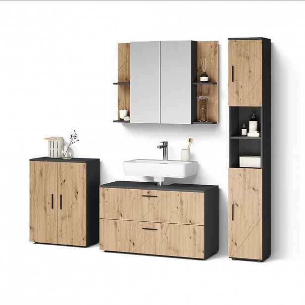 Livinity® KOUPELNOVÝ NÁBYTEK Ronco, Antracit/Řemeslný dub, 4dílná