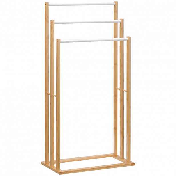 HOMCOM VĚŠÁK NA RUČNÍKY se 3 tyčemi, bez vrtání, bambus, přírodní, 48 x 25,8 x 94 cm