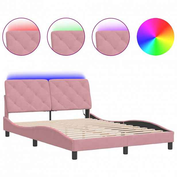 vidaXL Rám postele s LED bez matrace růžový 140 x 190 cm samet