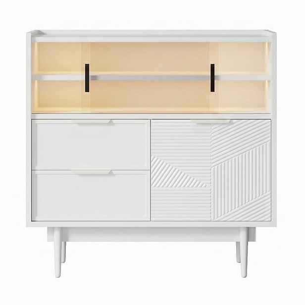 Urban Meuble SIDEBOARD bílý 80 cm se 16 barevnými LED, skleněnými posuvnými dvířky a strukturovaným čelem