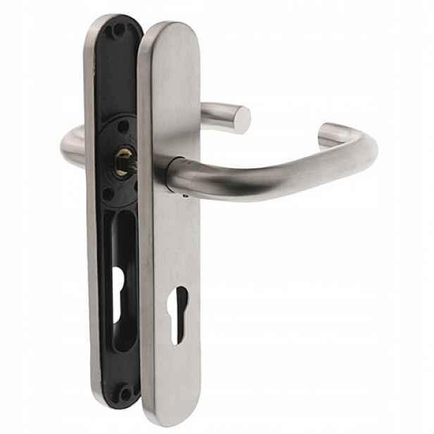 Klika na dlouhém štítku pro vložku do vchodových dveří 230x45 mm Inox