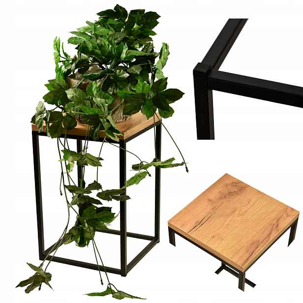 Květinový stojan kovový loft stolek podstavec stojak na květiny dub 40 cm