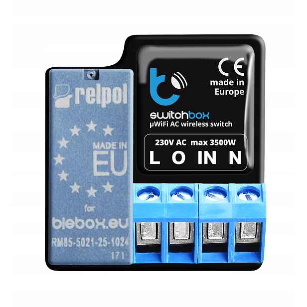 switchBox v3 – přepínač µWiFi On/off, „zapněte včas“ (3,6 kW 230 V Ac)