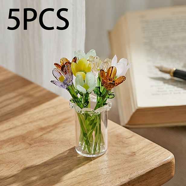 TEMU 5 ks Mini skleněných tulipánů s vázami, náhodná barva, skleněné tulipány, dekorativní aranžmá pro ženy, Den , narozeniny, do kanceláře, rodinné
