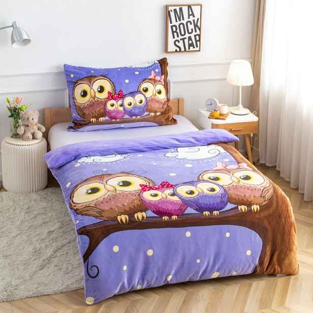 Mikroplyšové povlečení Premium 140x200+70x90 Sovičky