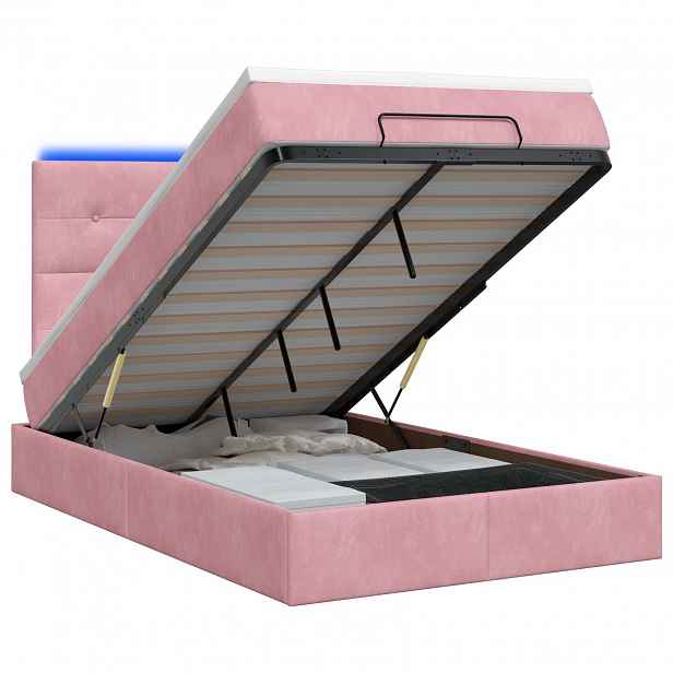 vidaXL Otomanová postel s matrací a LED Růžová 120 x 200 cm Samet