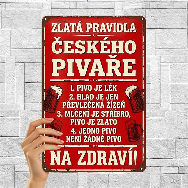 TEMU 2D plochá, 2D plochá 1 ks, "Retro kovová cedule s pravidly českého pivovarníka - 'Zlatá pravidla českého pivovarníka' dekorativní nástěnné umění