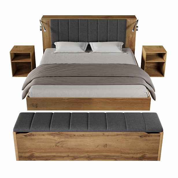 CHICFURN POSTEL 180/200 cm v dubové barvě s lampičkami USB, stolky a lavicí