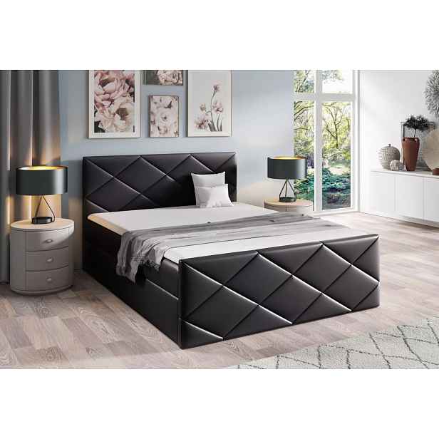 Postel s matrací a roštem HALKA - 180x220, černá eko kůže + topper ZDARMA