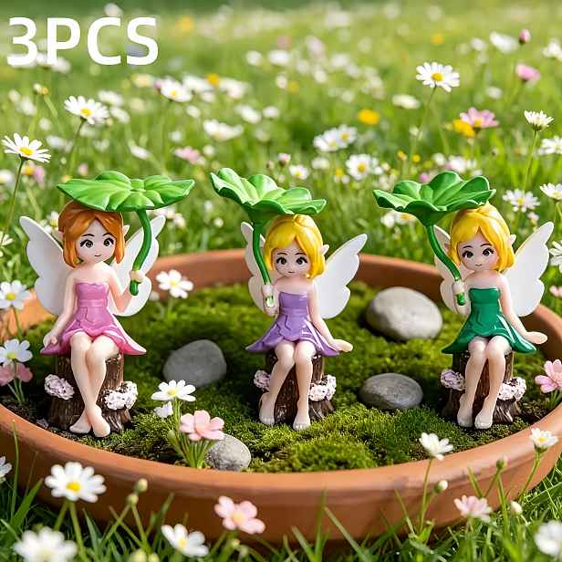 TEMU 3ks Miniaturní Figurky Víl & Lotosový List z Pryskyřice - Andělské Téma Vhodné pro Velikonoční DIY Mikrokrajiny, Dekorace Sukulentního Mechového