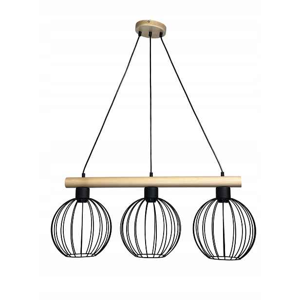 Závěsná Lampa Lustr Kora 3 Černá/s Dřevo Kule Loft 3xE27 Euro-lamp Led
