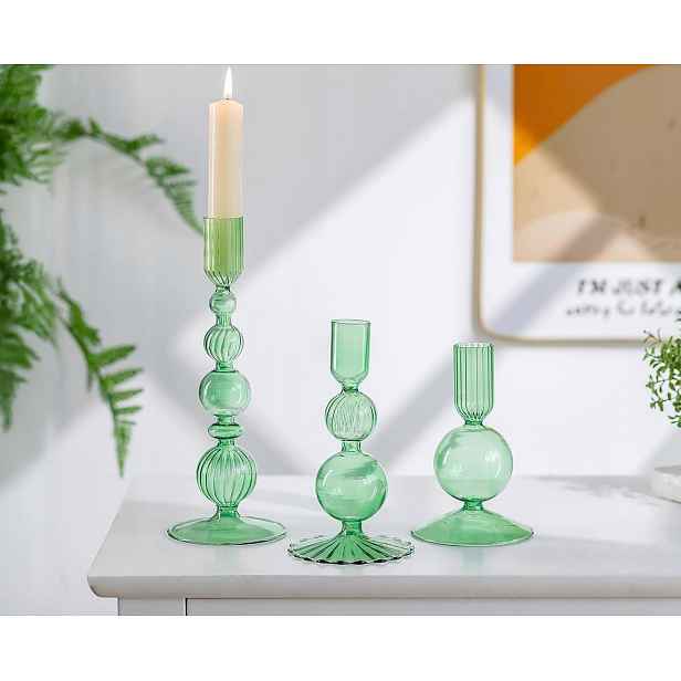 3x Zelené Skleněné Svícny 12 cm 15 cm a 20,5 cm na stůl pro Svatba svátky