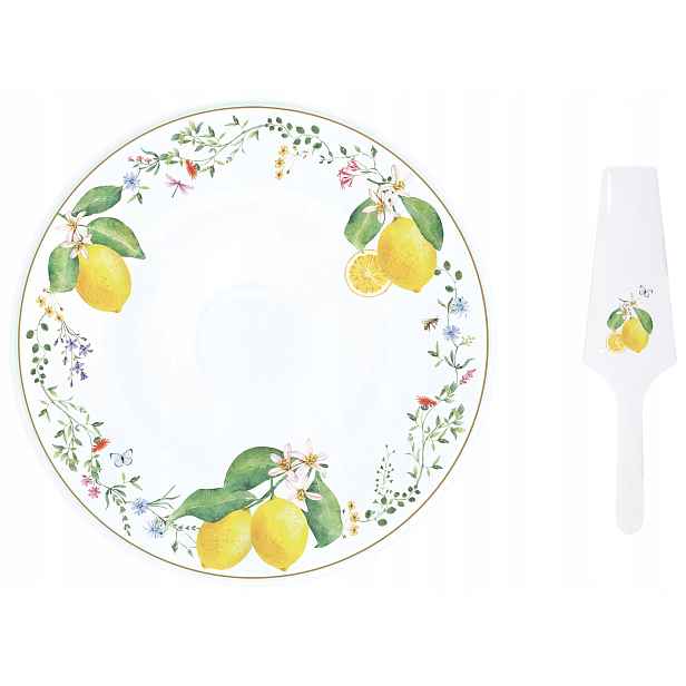 Porcelánová Patrový Podnos Na Zákusky s Lopatkou Talíř 32 cm citronové květy boho